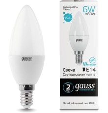 Лампа светодиодная Gauss Elementary 6Вт цок.:E14 свеча 220B 4100K св.свеч.бел.нейт. С35 (упак.:1шт) (33126)
