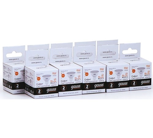 Лампа светодиодная Gauss Elementary MR16 9Вт цок.:GU5.3 спот 220B 2700K св.свеч.бел.теп. MR16 (упак.:10шт) (13519)