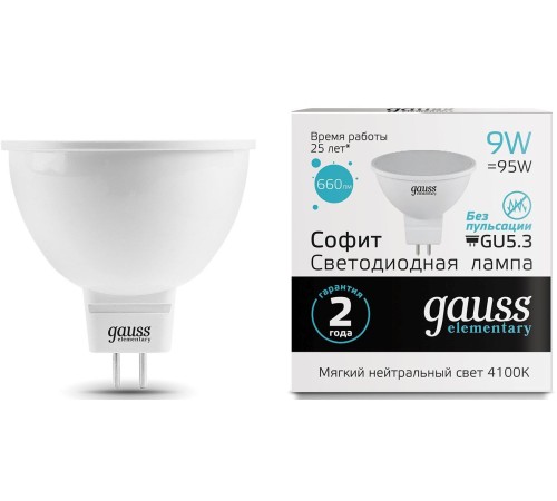 Лампа светодиодная Gauss Elementary MR16 9Вт цок.:GU5.3 спот 220B 4100K св.свеч.бел.ней. MR16 (упак.:10шт) (13529)