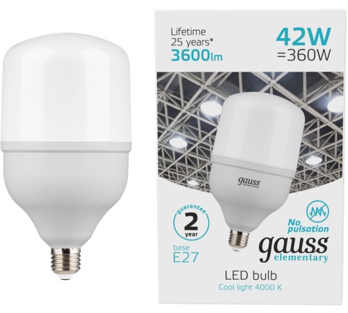 Лампа светодиодная Gauss Elementary T120 42Вт цок.:E27 цилин. 220B 3600K св.свеч.бел.нейт. (упак.:1шт) (63224) Лампа светодиодная Gauss Elementary T120 42Вт цок.:E27 цилин. 220B 3600K св.свеч.бел.нейт. (упак.:1шт) (63224)