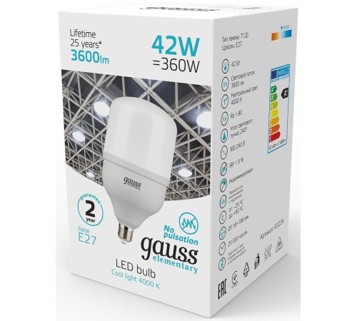 Лампа светодиодная Gauss Elementary T120 42Вт цок.:E27 цилин. 220B 3600K св.свеч.бел.нейт. (упак.:1шт) (63224) Лампа светодиодная Gauss Elementary T120 42Вт цок.:E27 цилин. 220B 3600K св.свеч.бел.нейт. (упак.:1шт) (63224)