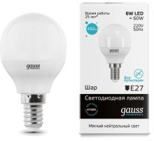 Лампа светодиодная Gauss Elementary 6Вт цок.:E14 шар 220B 4100K св.свеч.бел.нейт. (упак.:1шт) (53126)