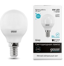 Лампа светодиодная Gauss Elementary 6Вт цок.:E14 шар 220B 4100K св.свеч.бел.нейт. (упак.:1шт) (53126)