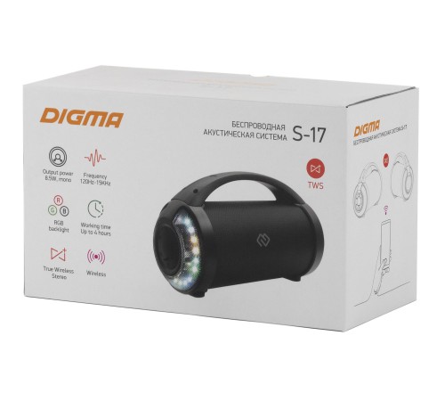 Колонка порт. Digma S-17 черный 8.5W 1.0 BT/3.5Jack/USB 10м 1500mAh Колонка порт. Digma S-17 черный 8.5W 1.0 BT/3.5Jack/USB 10м 1500mAh
