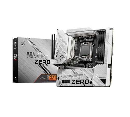 Материнская плата MSI B650M PROJECT ZERO B650, AM5, 4DDR5, 1PCI-Ex16, 2PCI-Ex1, 2M.2, 4SATA3.0, 1USB3.2Gen2x2, 5USB3.2Gen2, 4USB3.2Gen1, 6USB 2.0