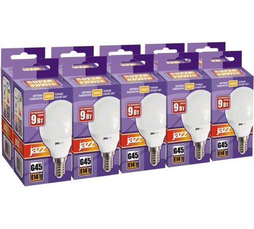 Лампа светодиодная Jazzway PLED-SP 9Вт цок.:E14 шар 220B 3000K св.свеч.бел.теп. G45 (упак.:10шт) (2859570A)