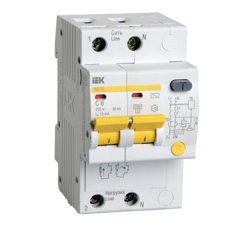 Выключатель автом. дифф. тока IEK АД12 MAD10-2-006-C-010 6A тип C 4.5kA 10мА AC 2П 230В 3мод белый (упак.:1шт)