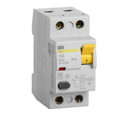 Выключатель дифф.тока УЗО IEK ВД1-63 MDV10-2-016-010 16A 10мА AC 2П 230В 2мод белый (упак.:1шт)