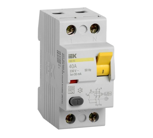 Выключатель дифф.тока УЗО IEK ВД1-63 MDV10-2-040-030 40A 30мА AC 2П 230В 2мод белый (упак.:1шт) Выключатель дифф.тока УЗО IEK ВД1-63 MDV10-2-040-030 40A 30мА AC 2П 230В 2мод белый (упак.:1шт)