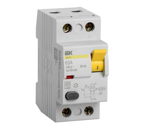 Выключатель дифф.тока УЗО IEK ВД1-63 MDV10-2-063-030 63A 30мА AC 2П 230В 2мод белый (упак.:1шт)