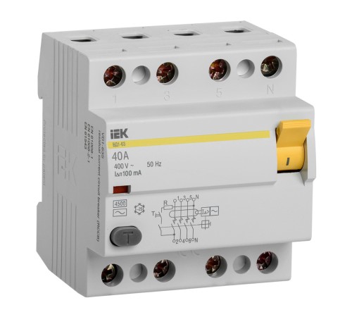 Выключатель дифф.тока УЗО IEK ВД1-63 MDV10-4-040-100 40A 100мА AC 4П 400В 4мод белый (упак.:1шт)