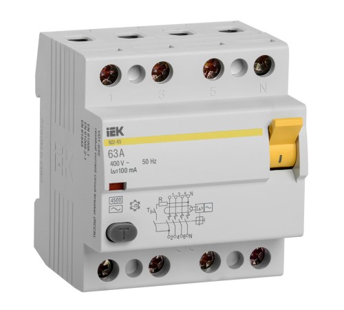 Выключатель дифф.тока УЗО IEK ВД1-63 MDV10-4-063-100 63A 100мА AC 4 400В 4мод белый (упак.:1шт)