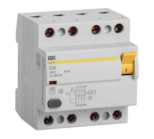 Выключатель дифф.тока УЗО IEK ВД1-63 MDV10-4-063-300 63A 300мА AC 4П 400В 4мод белый (упак.:1шт)