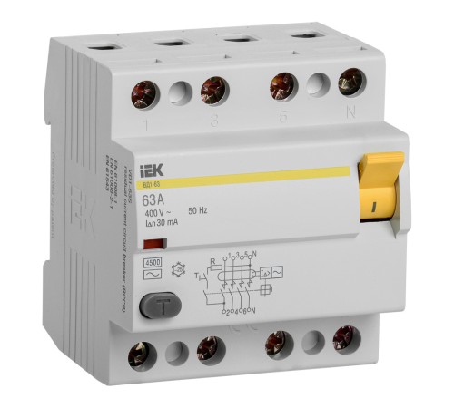 Выключатель дифф.тока УЗО IEK ВД1-63 MDV10-4-063-030 63A 30мА AC 4П 400В 4мод белый (упак.:1шт)