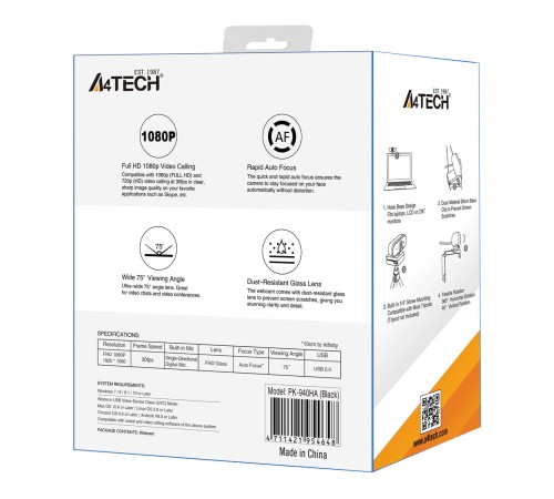 Камера Web A4Tech PK-940HA черный 2Mpix (1920x1080) USB2.0 с микрофоном Камера Web A4Tech PK-940HA черный 2Mpix (1920x1080) USB2.0 с микрофоном