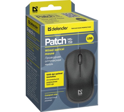 Defender Проводная оптическая мышь Patch MS-759 черный,3 кнопки,1000 dpi Defender Patch MS-759 черный (52759)