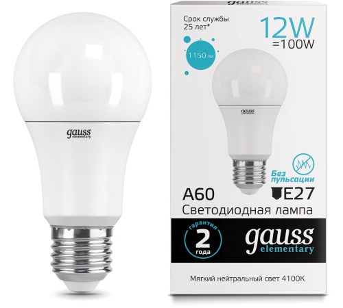 Лампа светодиодная Gauss Elementary 12Вт цок.:E27 груша 220B 4100K св.свеч.бел.ней. A60 (упак.:10шт) (23222) Лампа светодиодная Gauss Elementary 12Вт цок.:E27 груша 220B 4100K св.свеч.бел.ней. A60 (упак.:10шт) (23222)