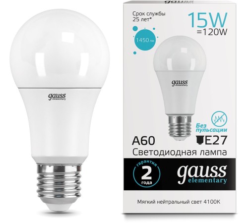 Лампа светодиодная Gauss Elementary 15Вт цок.:E27 груша 220B 4100K св.свеч.бел.ней. A60 (упак.:10шт) (23225) Лампа светодиодная Gauss Elementary 15Вт цок.:E27 груша 220B 4100K св.свеч.бел.ней. A60 (упак.:10шт) (23225)