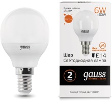 Лампа светодиодная Gauss Elementary 6Вт цок.:E14 шар 220B 3000K св.свеч.бел.теп. (упак.:10шт) (53116)