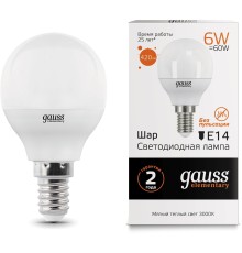 Лампа светодиодная Gauss Elementary 6Вт цок.:E14 шар 220B 3000K св.свеч.бел.теп. (упак.:10шт) (53116)