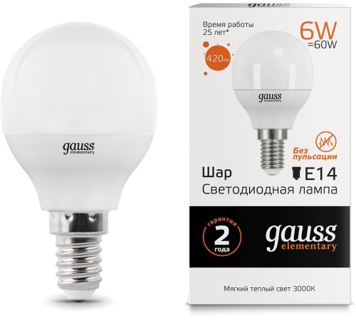 Лампа светодиодная Gauss Elementary 6Вт цок.:E14 шар 220B 3000K св.свеч.бел.теп. (упак.:10шт) (53116) Лампа светодиодная Gauss Elementary 6Вт цок.:E14 шар 220B 3000K св.свеч.бел.теп. (упак.:10шт) (53116)