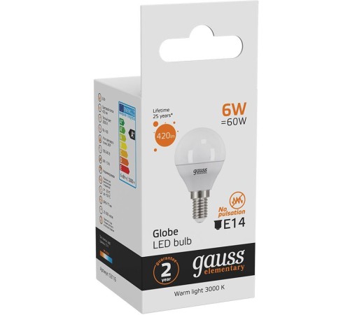 Лампа светодиодная Gauss Elementary 6Вт цок.:E14 шар 220B 3000K св.свеч.бел.теп. (упак.:10шт) (53116) Лампа светодиодная Gauss Elementary 6Вт цок.:E14 шар 220B 3000K св.свеч.бел.теп. (упак.:10шт) (53116)