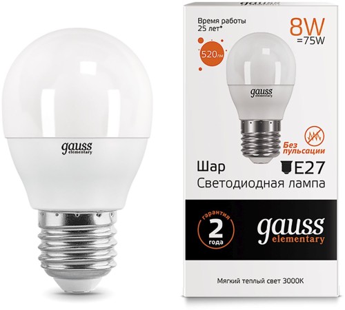 Лампа светодиодная Gauss Elementary 8Вт цок.:E27 шар 220B 3000K св.свеч.бел.теп. (упак.:10шт) (53218) Лампа светодиодная Gauss Elementary 8Вт цок.:E27 шар 220B 3000K св.свеч.бел.теп. (упак.:10шт) (53218)