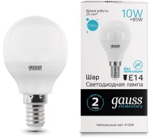 Лампа светодиодная Gauss Elementary 10Вт цок.:E14 шар 220B 4100K св.свеч.бел.ней. (упак.:10шт) (53120)