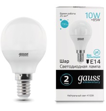 Лампа светодиодная Gauss Elementary 10Вт цок.:E14 шар 220B 4100K св.свеч.бел.ней. (упак.:10шт) (53120)