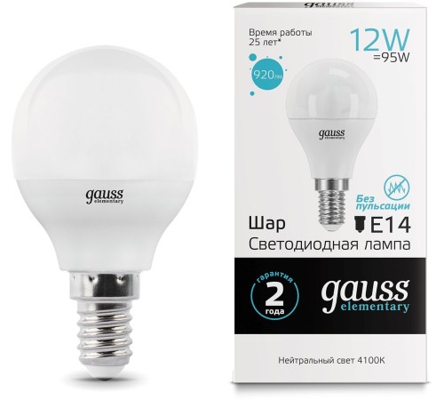 Лампа светодиодная Gauss Elementary 12Вт цок.:E14 шар 220B 4100K св.свеч.бел.нейт. (упак.:10шт) (53122) Лампа светодиодная Gauss Elementary 12Вт цок.:E14 шар 220B 4100K св.свеч.бел.нейт. (упак.:10шт) (53122)
