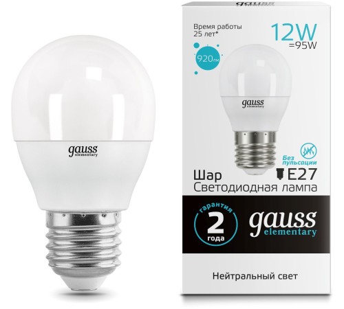 Лампа светодиодная Gauss Elementary 12Вт цок.:E27 шар 220B 4100K св.свеч.бел.нейт. (упак.:10шт) (53222) Лампа светодиодная Gauss Elementary 12Вт цок.:E27 шар 220B 4100K св.свеч.бел.нейт. (упак.:10шт) (53222)