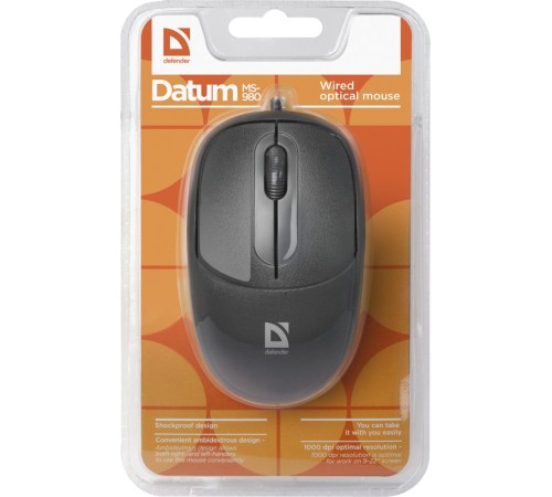 Defender Проводная оптическая мышь Datum MS-980 черный,3 кнопки,1000dpi Defender Datum MS-980 черный (52980)
