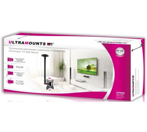 Кронштейн для телевизора Ultramounts UM 890 черный 17"-43" макс.30кг потолочный поворотно-выдвижной и наклонный Кронштейн для телевизора Ultramounts UM 890 черный 17"-43" макс.30кг потолочный поворотно-выдвижной и наклонный