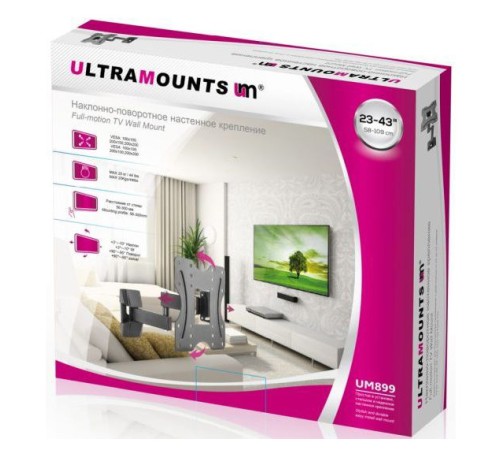 Кронштейн для телевизора Ultramounts UM 899 черный 23"-43" макс.20кг настенный поворотно-выдвижной и наклонный Кронштейн для телевизора Ultramounts UM 899 черный 23"-43" макс.20кг настенный поворотно-выдвижной и наклонный