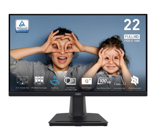 Монитор MSI PRO MP225 21.5" 16:9 FHD(1920x1080) IPS Flat,1ms(MPRT),3000:1,100M:1,250nit,178/178,HDMI 1.4,VGA(D-Sub),Tilt,VESA,100Hz,Black,1y war-ty (9S6-3PC6CM-004)