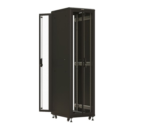 Шкаф Hyperline TTBR-4762-DD-RAL9004 Шкаф напольный 19-дюймовый, 47U, 2277x600х1200 мм (ВхШхГ), передняя и задняя распашные перфорированные двери (75%), ручка с замком, цвет черный (RAL 9004)(разобранн