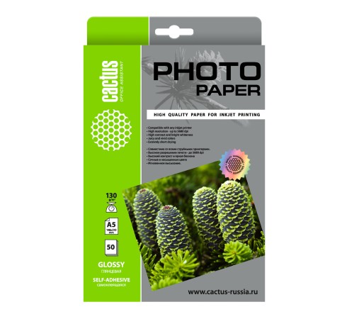 Фотобумага Cactus CS-GSA513050 A5/130г/м2/50л. глянцевое самоклей. для струйной печати Фотобумага Cactus CS-GSA513050 A5/130г/м2/50л. глянцевое самоклей. для струйной печати