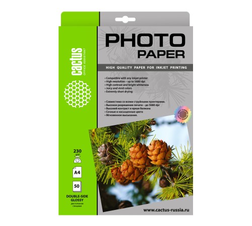 Фотобумага Cactus CS-GA423050DS A4/230г/м2/50л./белый глянцевое/глянцевое для струйной печати Фотобумага Cactus CS-GA423050DS A4/230г/м2/50л./белый глянцевое/глянцевое для струйной печати
