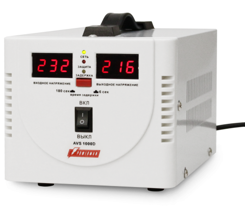 Стабилизатор POWERMAN AVS 1000D, ступенчатый регулятор, цифровые индикаторы уровней напряжения, 1000ВА, 140-260В, максимальный входной ток 7А, 2 евророзетки, IP-20, напольный, 200мм х 150мм х 140мм, 2,3 кг. POWERMAN AVS 1000D Стабилизатор POWERMAN AVS 1000D, ступенчатый регулятор, цифровые индикаторы уровней напряжения, 1000ВА, 140-260В, максимальный входной ток 7А, 2 евророзетки, IP-20, напольный, 200мм х 150мм х 140мм, 2,3 кг. POWERMAN AVS 1000D