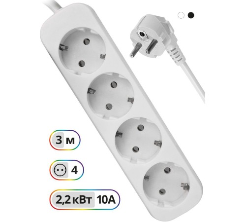 Сетевой удлинитель Defender E430 3м (4 розетки) белый (пакет ПЭ)
