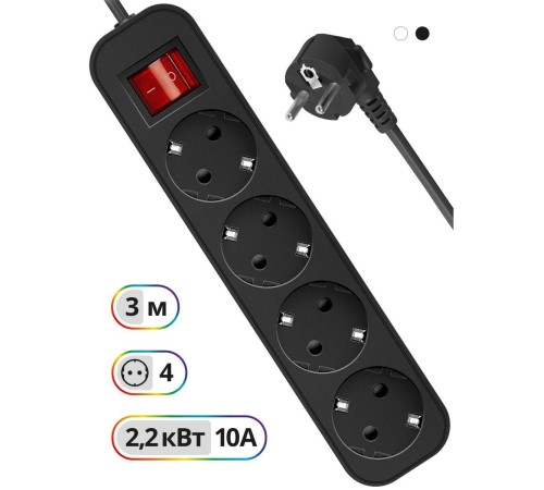 Сетевой удлинитель Defender G430 3м (4 розетки) черный (коробка)