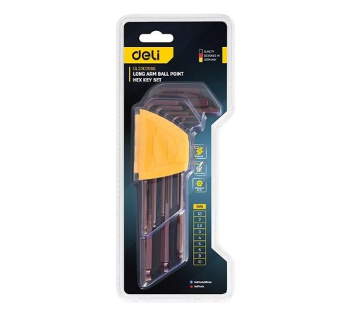 Ключ Deli Набор шестигранных ключей с шаром удлиненных Deli DL230709G 9 шт  S2, размеры 1,5,2,2,5,3,4,5,6,8,10мм, пластиковый держатель