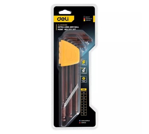 Ключ Deli Набор шестигранных ключей с шаром сверхдлинных Deli DL230809G 9 шт  Cr-V, размеры 1,5,2,2,5,3,4,5,6,8,10мм, пластиковый держатель
