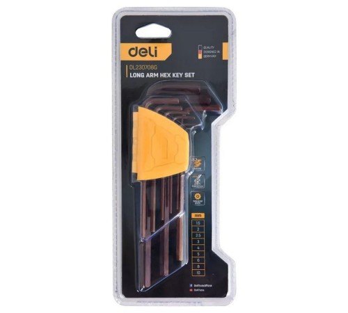 Ключ Deli Набор шестигранных ключей удлиненных Deli DL230708G 9шт  S2, размеры 1,5,2,2,5,3,4,5,6,8,10мм, пластиковый держатель