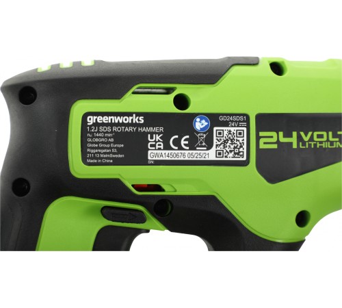 Перфоратор Greenworks GD24SDS1 патрон:SDS-plus уд.:1.2Дж аккум. (кейс в комплекте)