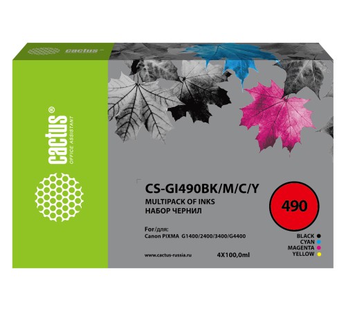 Чернила Cactus CS-GI490BK/M/C/Y многоцветный набор 4x100мл для Canon Pixma G1400/G2400/G3400