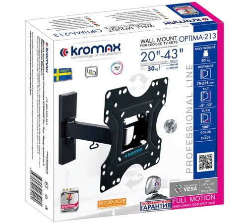 Кронштейн для телевизора Kromax OPTIMA-213 черный 20"-43" макс.30кг настенный поворотно-выдвижной и наклонный Кронштейн для телевизора Kromax OPTIMA-213 черный 20"-43" макс.30кг настенный поворотно-выдвижной и наклонный