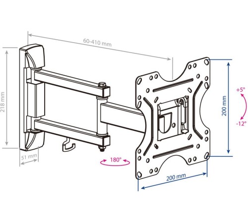 Кронштейн для телевизора Kromax OPTIMA-214 черный 20"-43" макс.30кг настенный поворотно-выдвижной и наклонный