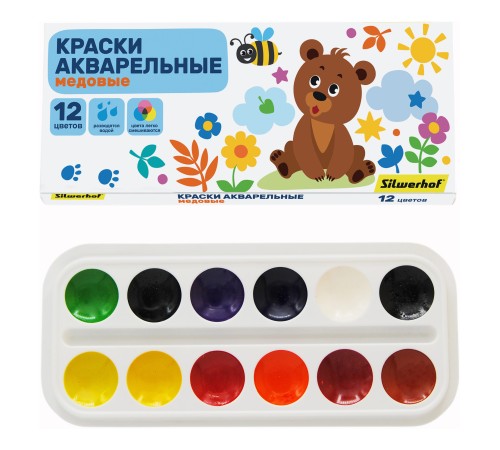 Краски акварельные Silwerhof 961139-12 Веселые друзья медовые 12цв. без кисти картон.кор. Краски акварельные Silwerhof 961139-12 Веселые друзья медовые 12цв. без кисти картон.кор.