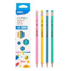 Карандаш чернографит. Deli EC011-HB Comiko HB шестигран. липа ластик коробка картонная (12шт)